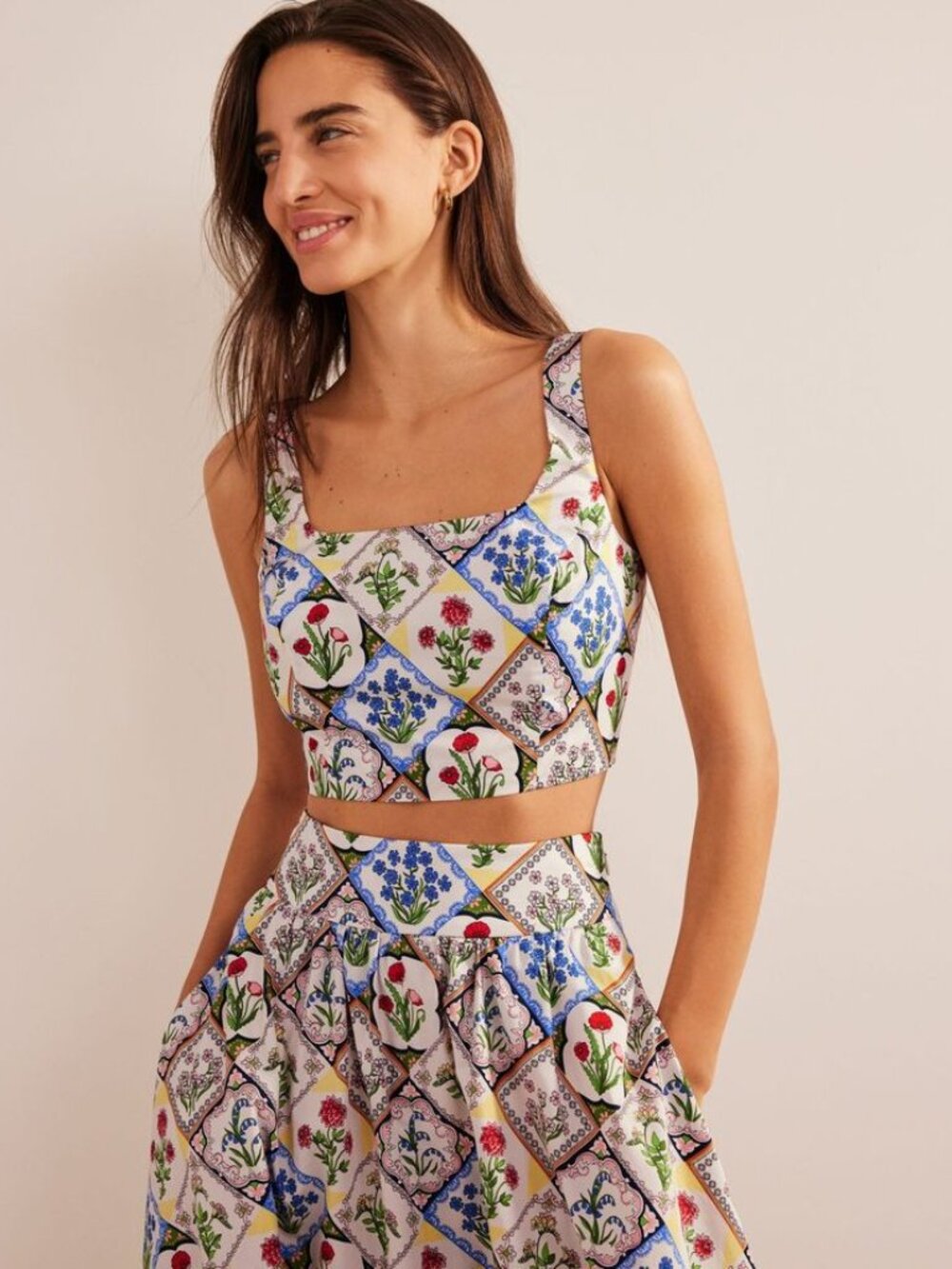 Boden Square Neck Cropped Co Ord Top Wild Bluebell Ivory Size 6